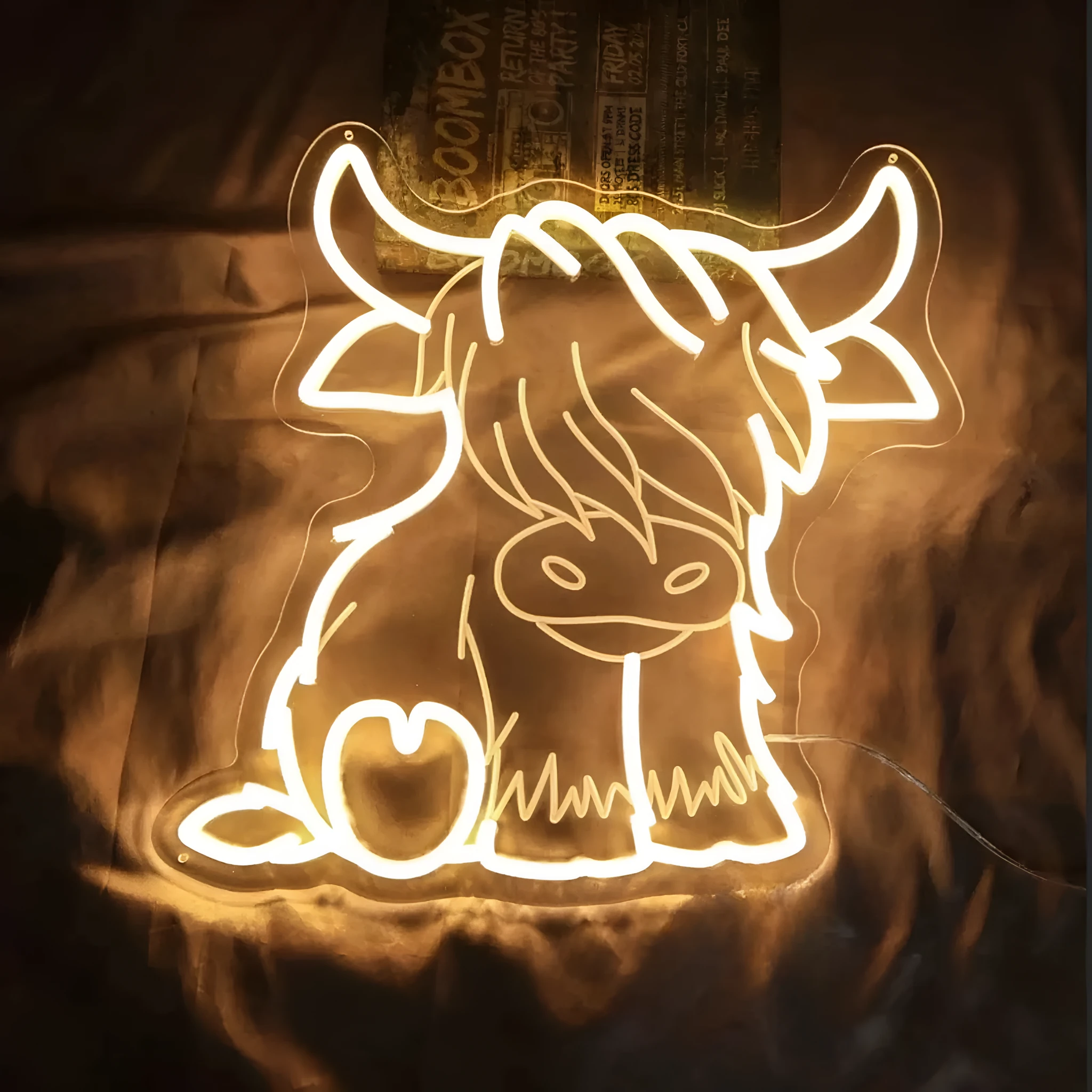 LED ambience light with highland cow acrylic design, USB plug-in, IP68 protection, PVC shell