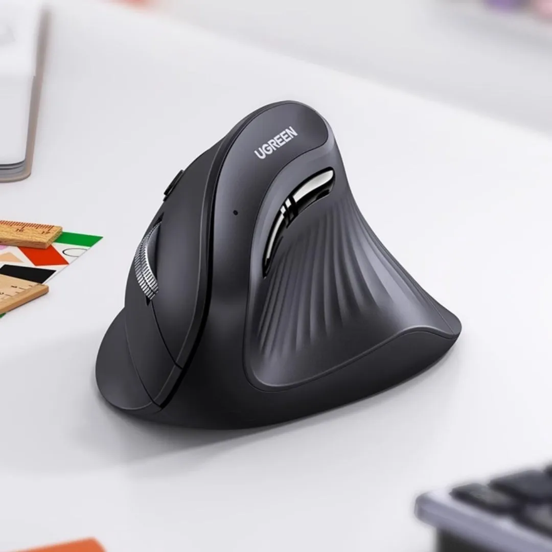 Ergonomic vertical dual-mode wireless mouse MU008 in black, with silent click buttons and DPI adjustment