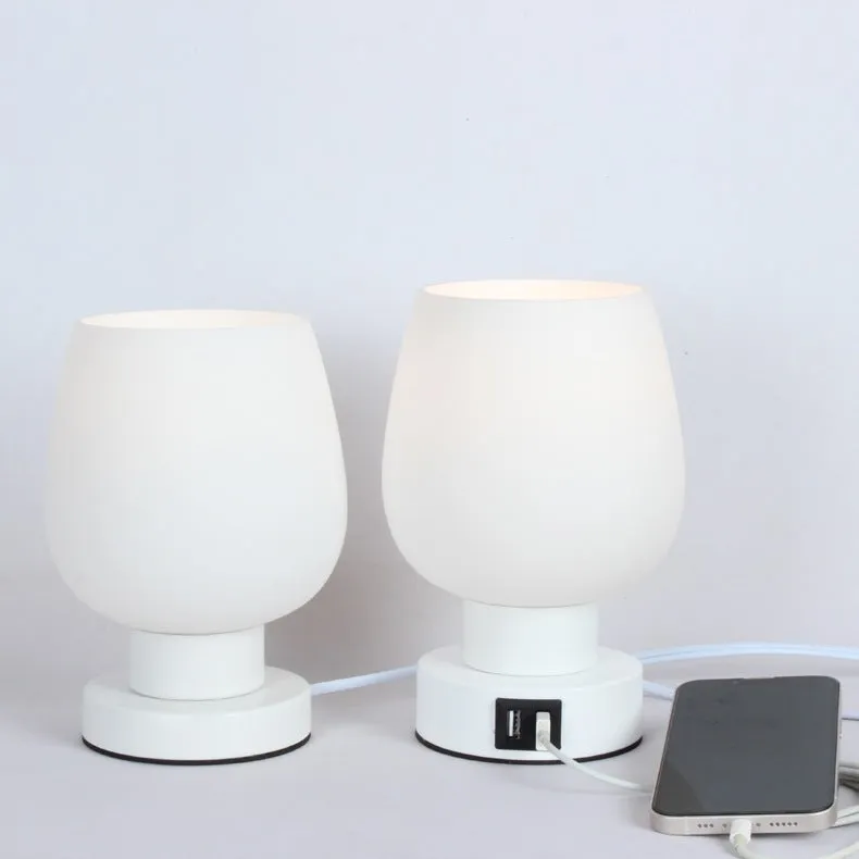 Nordic glass touch dimming bedside night light with three colour settings and USB port, white glass on dark surface