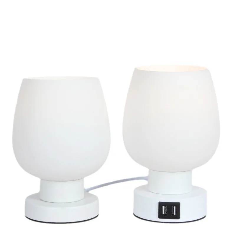 Nordic glass touch dimming bedside night light with three colour settings and USB port, white glass on dark surface
