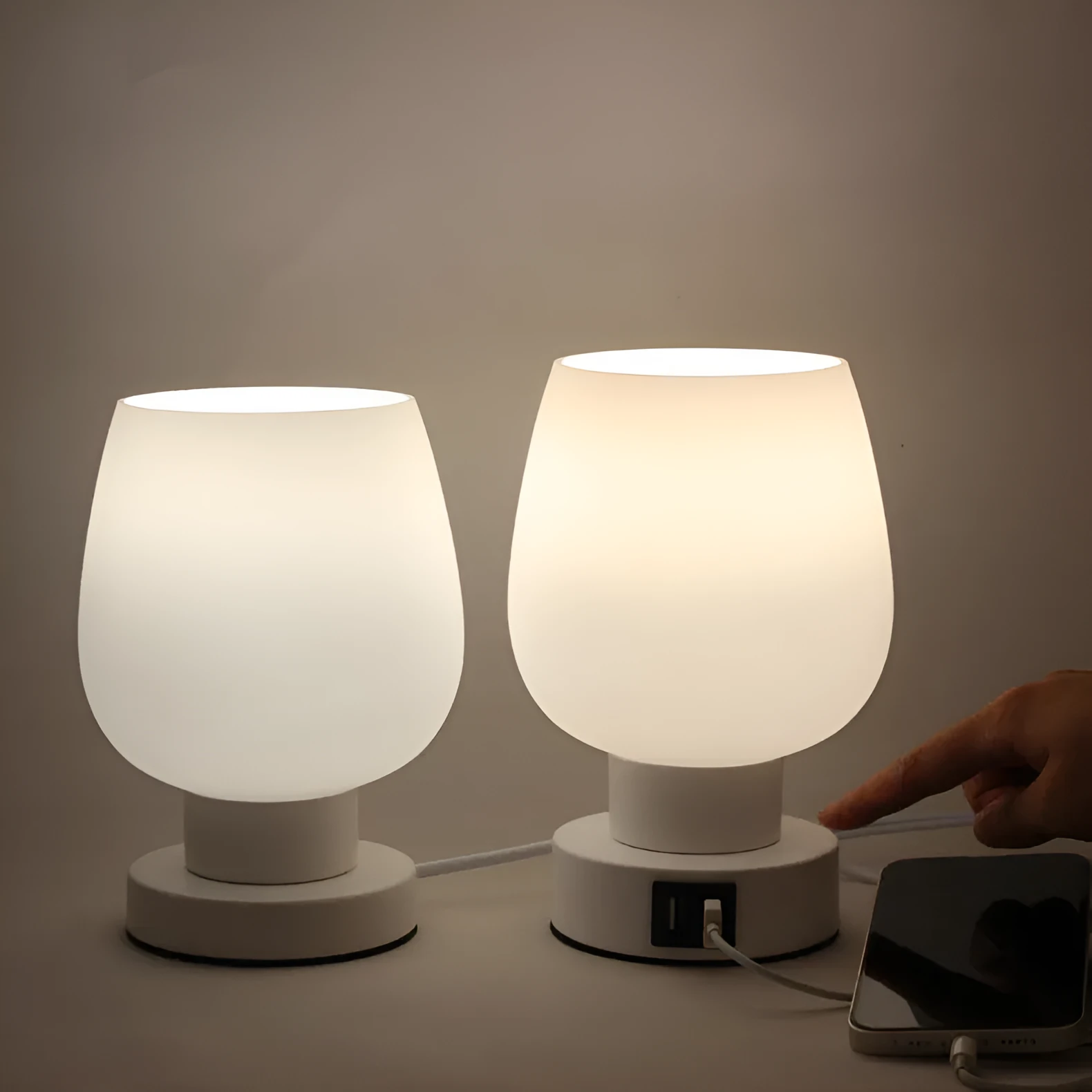Nordic glass touch dimming bedside night light with three colour settings and USB port, white glass on dark surface