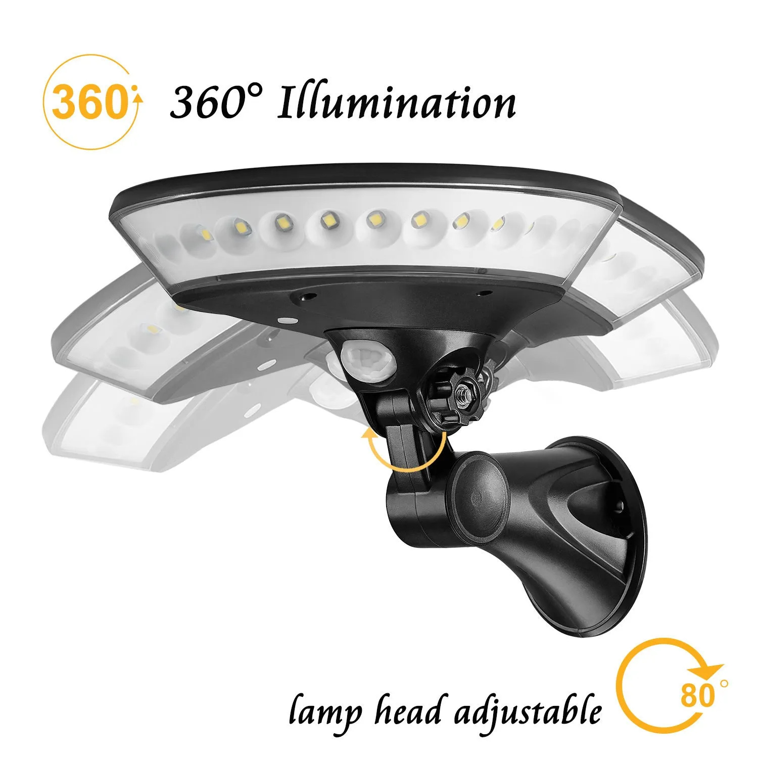 White 360-degree solar-powered security light with motion sensor on wall.