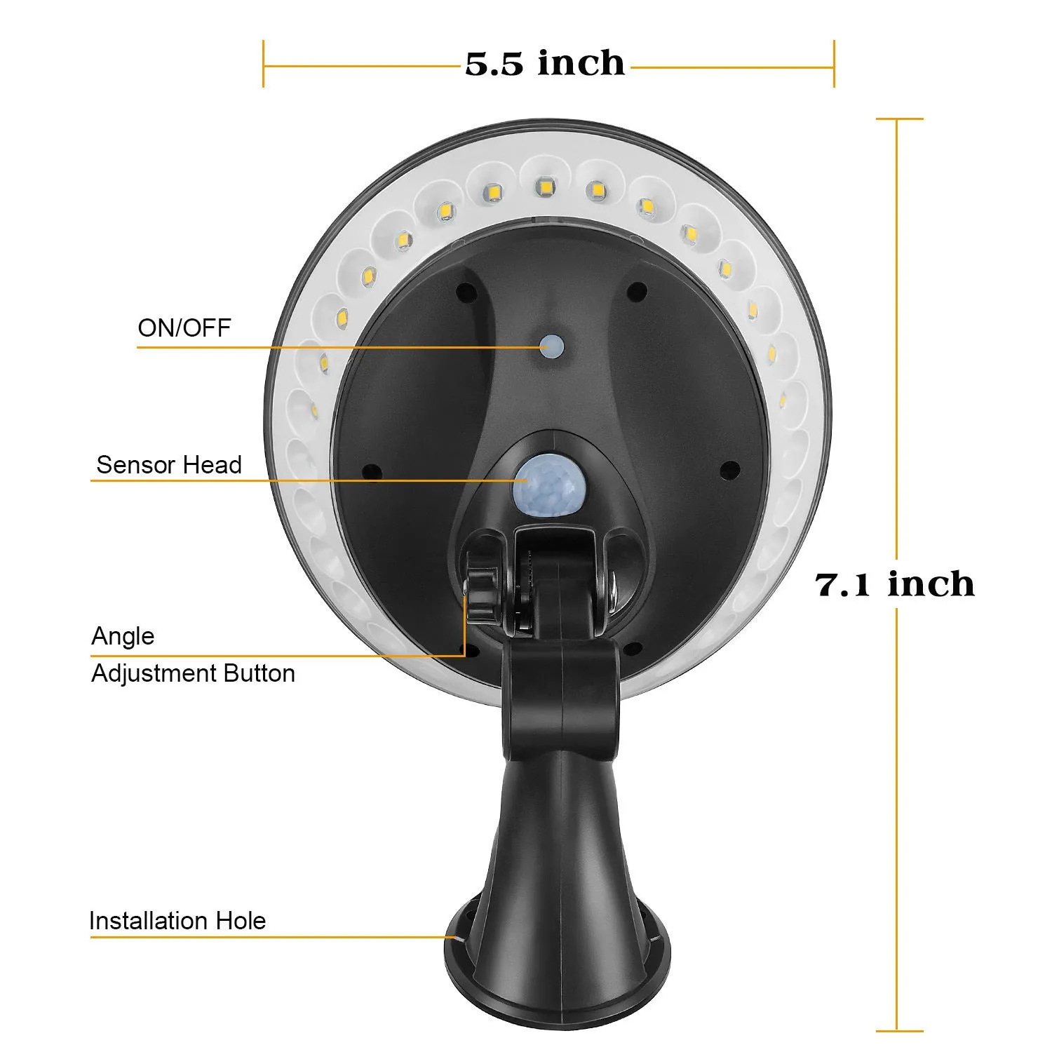 White 360-degree solar-powered security light with motion sensor on wall.