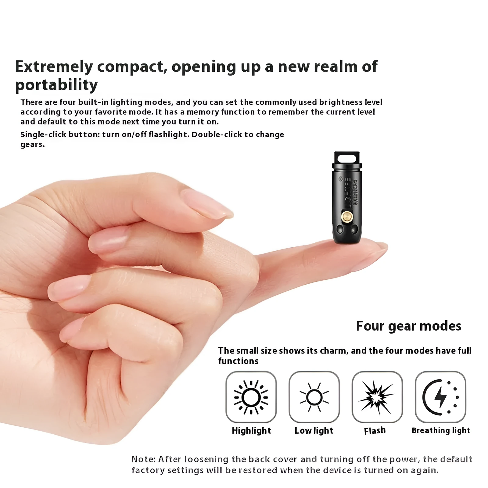 Black LED key ring flashlight with stainless steel housing on keychain