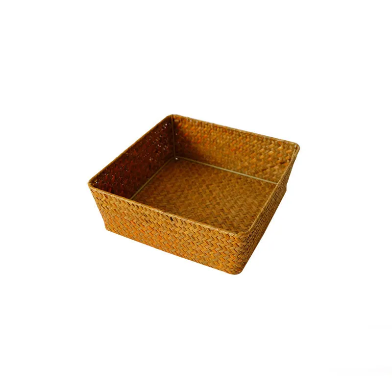 Natural straw desk storage box with woven construction in multiple sizes