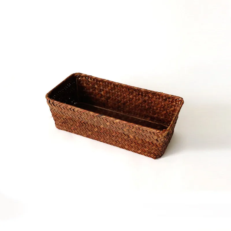 Natural straw desk storage box with woven construction in multiple sizes