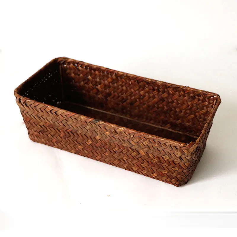 Natural straw desk storage box with woven construction in multiple sizes