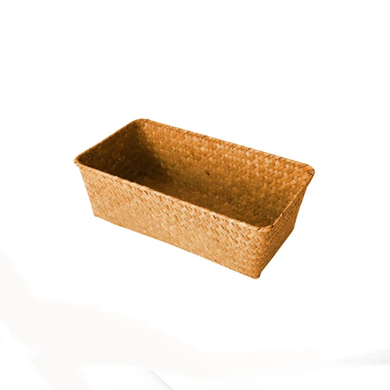 Natural straw desk storage box with woven construction in multiple sizes