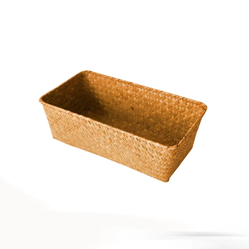 Natural straw desk storage box with woven construction in multiple sizes