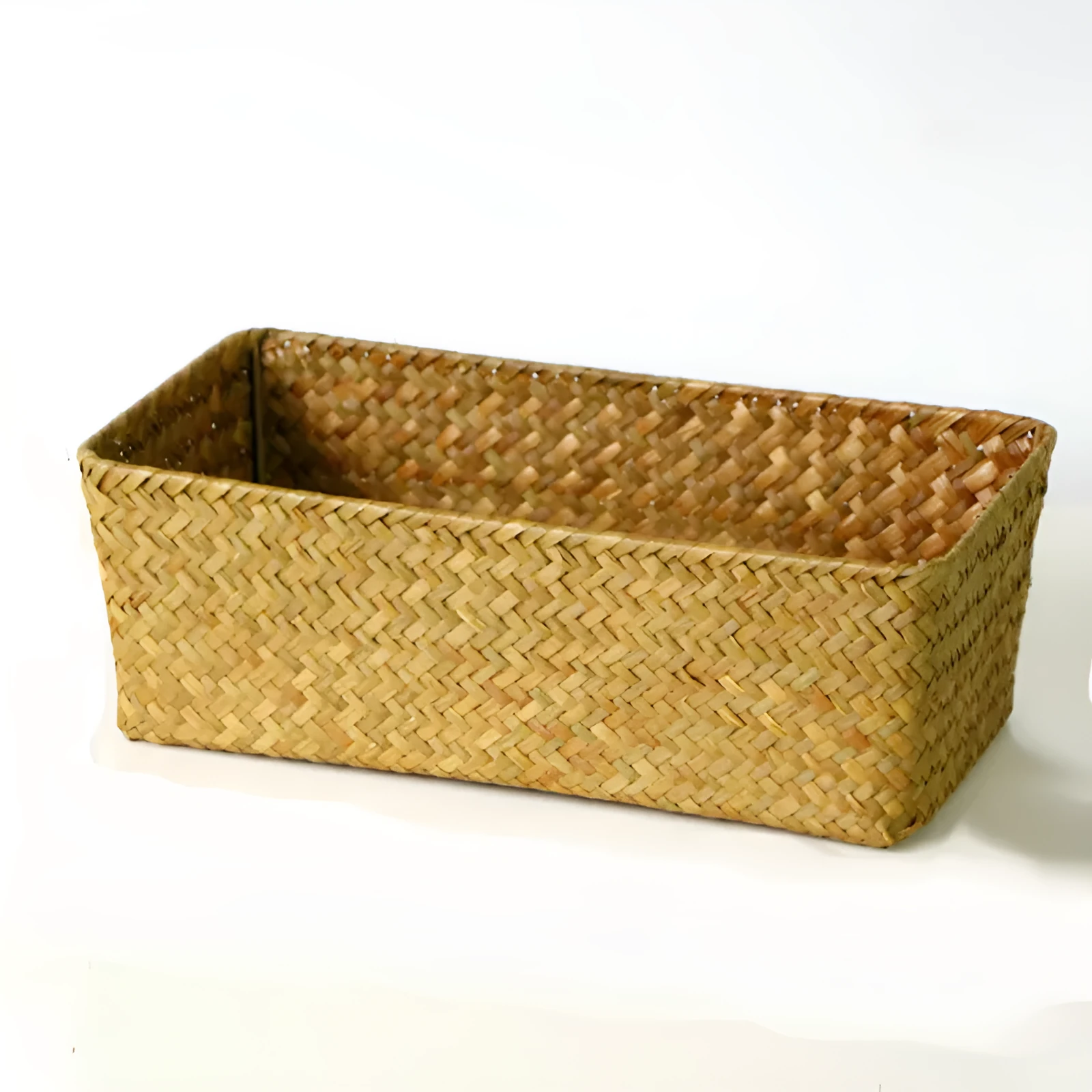 Natural straw desk storage box with woven construction in multiple sizes