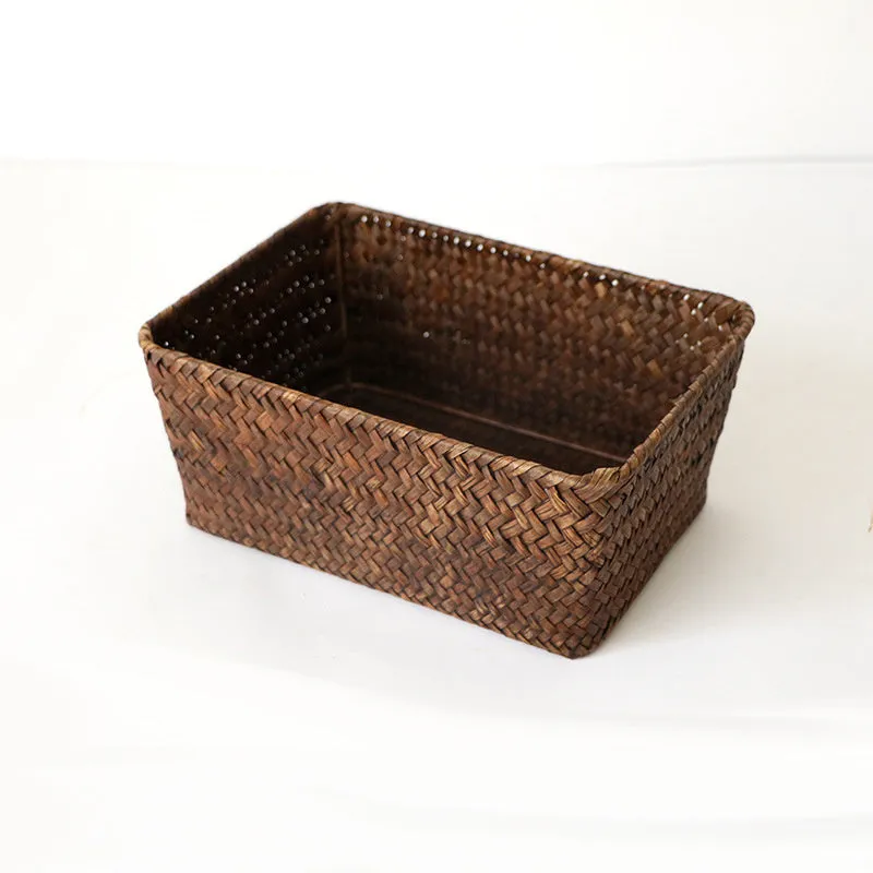 Natural straw desk storage box with woven construction in multiple sizes