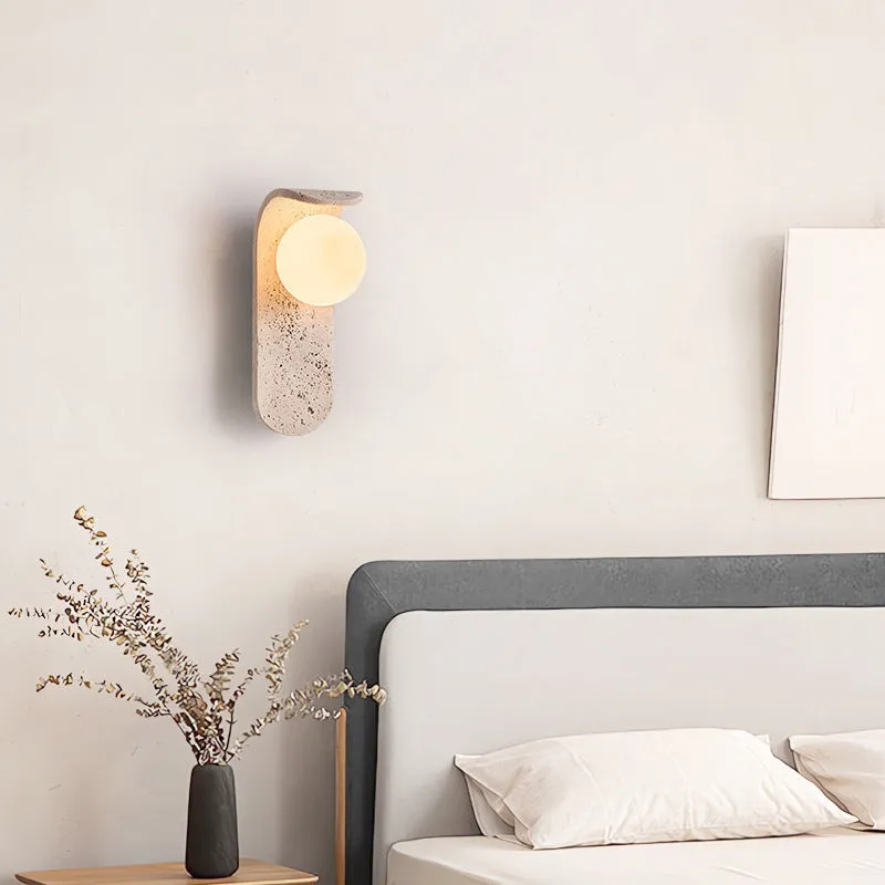 Cream cave stone bedside wall lamp with warm light bulb, 9cm wide and 25cm tall, wall-mounted