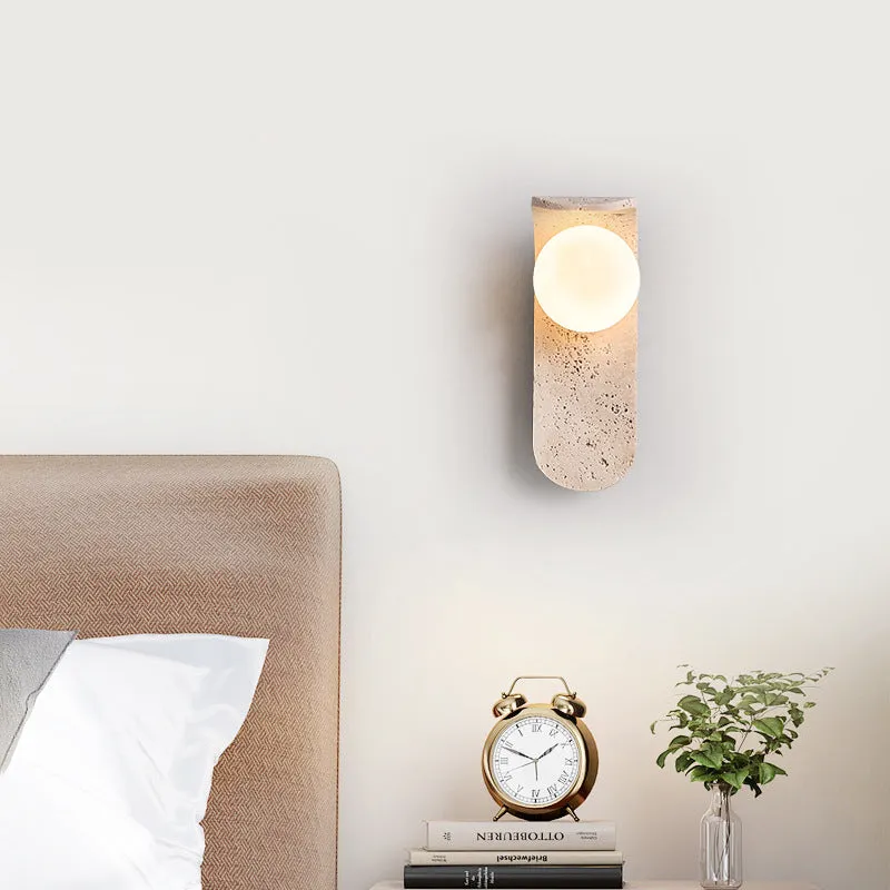 Cream cave stone bedside wall lamp with warm light bulb, 9cm wide and 25cm tall, wall-mounted