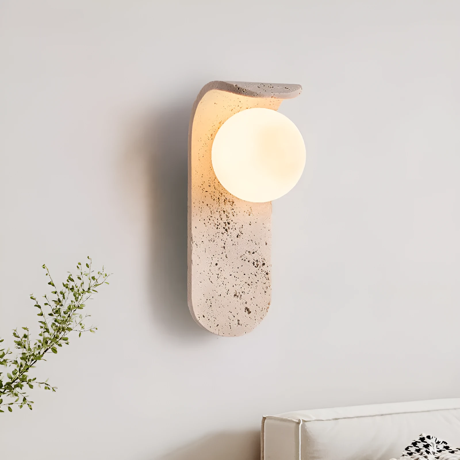 Cream cave stone bedside wall lamp with warm light bulb, 9cm wide and 25cm tall, wall-mounted