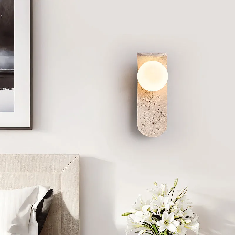 Cream cave stone bedside wall lamp with warm light bulb, 9cm wide and 25cm tall, wall-mounted