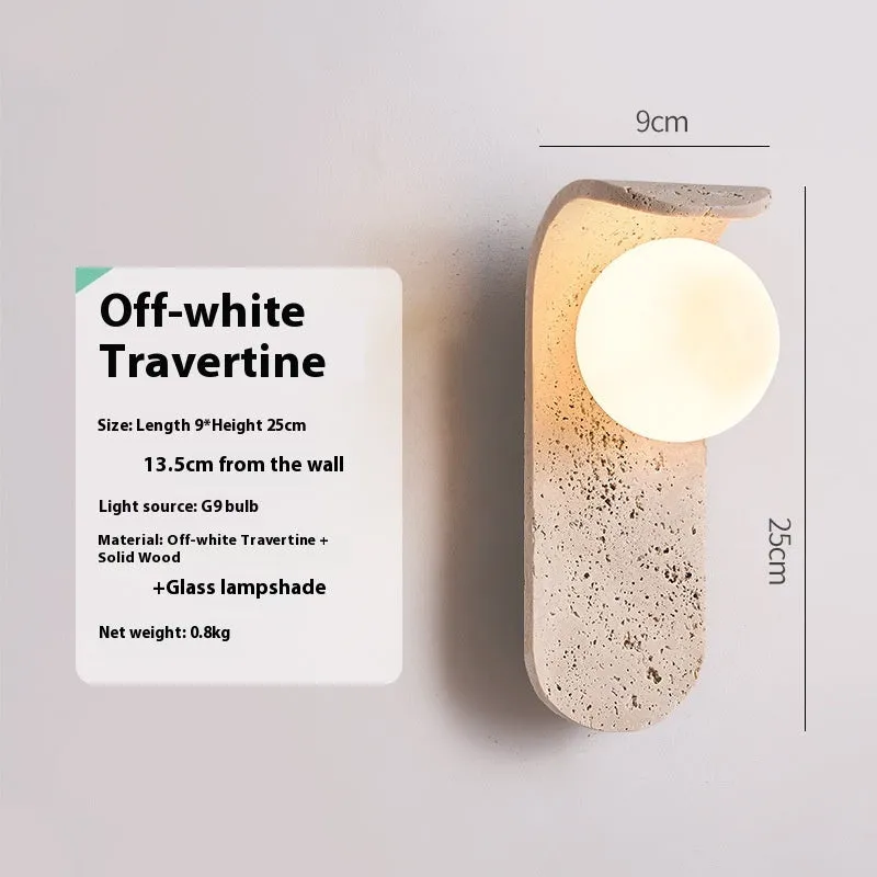 Cream cave stone bedside wall lamp with warm light bulb, 9cm wide and 25cm tall, wall-mounted