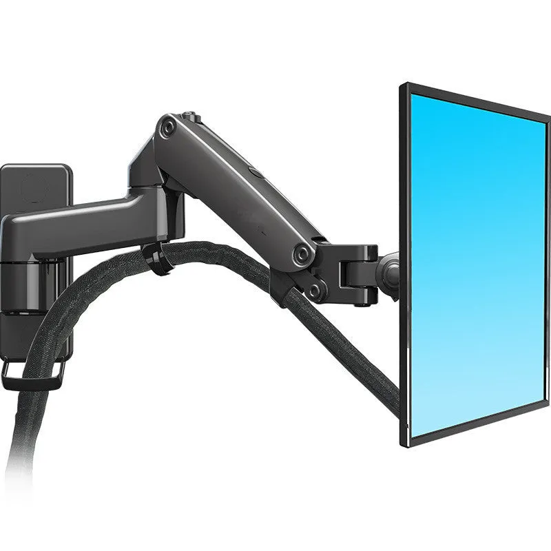 Black wall-mounted computer monitor stand with telescopic arm and rotating VESA mount