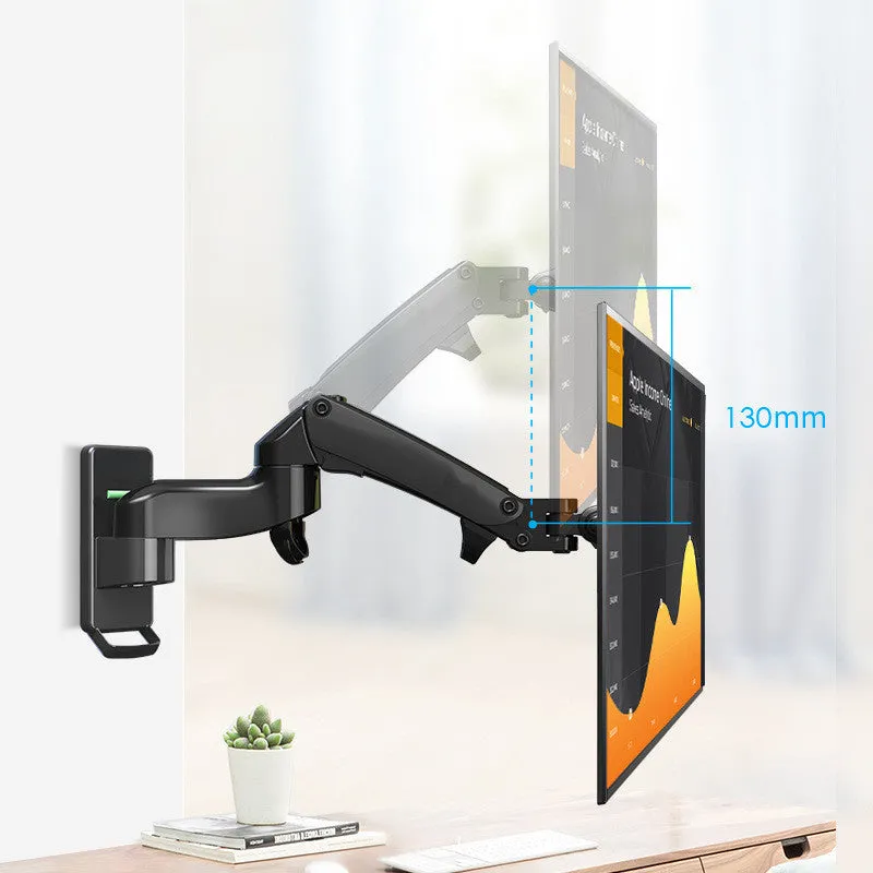 Black wall-mounted computer monitor stand with telescopic arm and rotating VESA mount