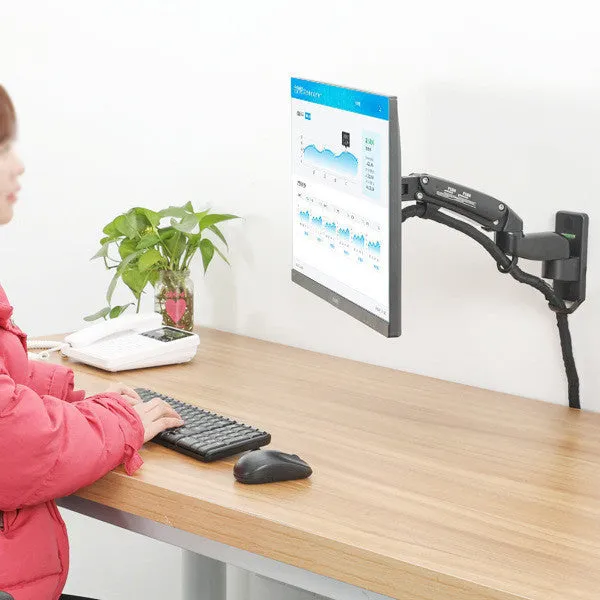 Black wall-mounted computer monitor stand with telescopic arm and rotating VESA mount
