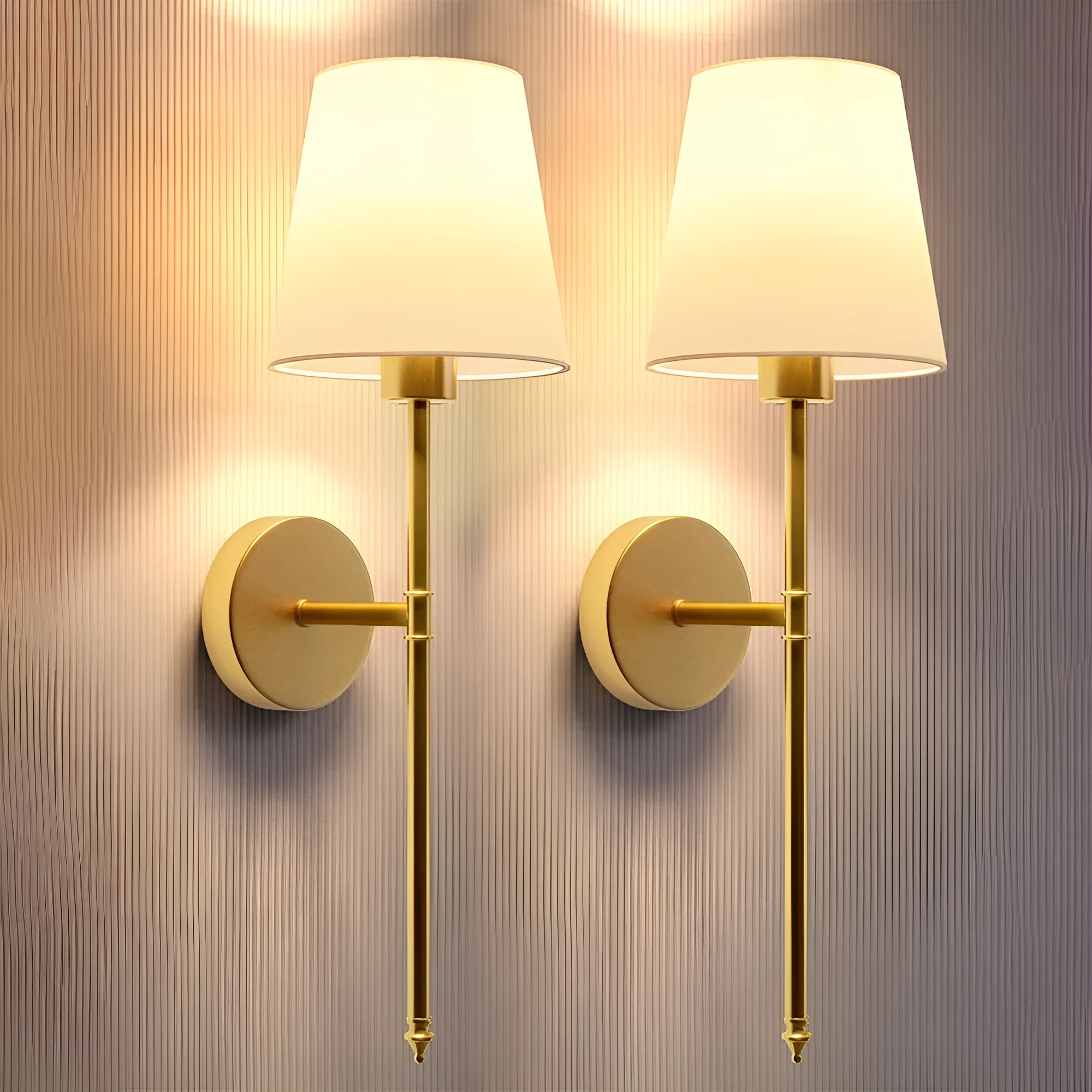 National cloth cover LED copper wall lamp in black finish with white fabric lampshade mounted on wall