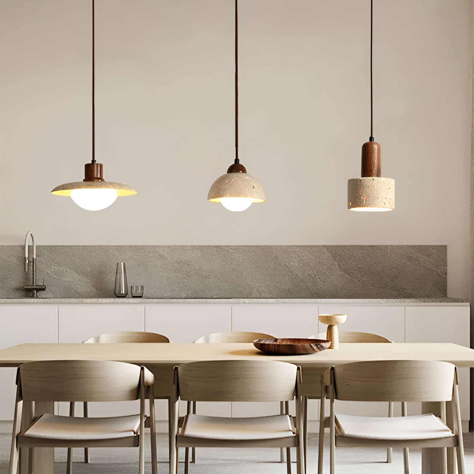 Yellow cave stone wabi sabi style marble bedside pendant light on a wooden surface
