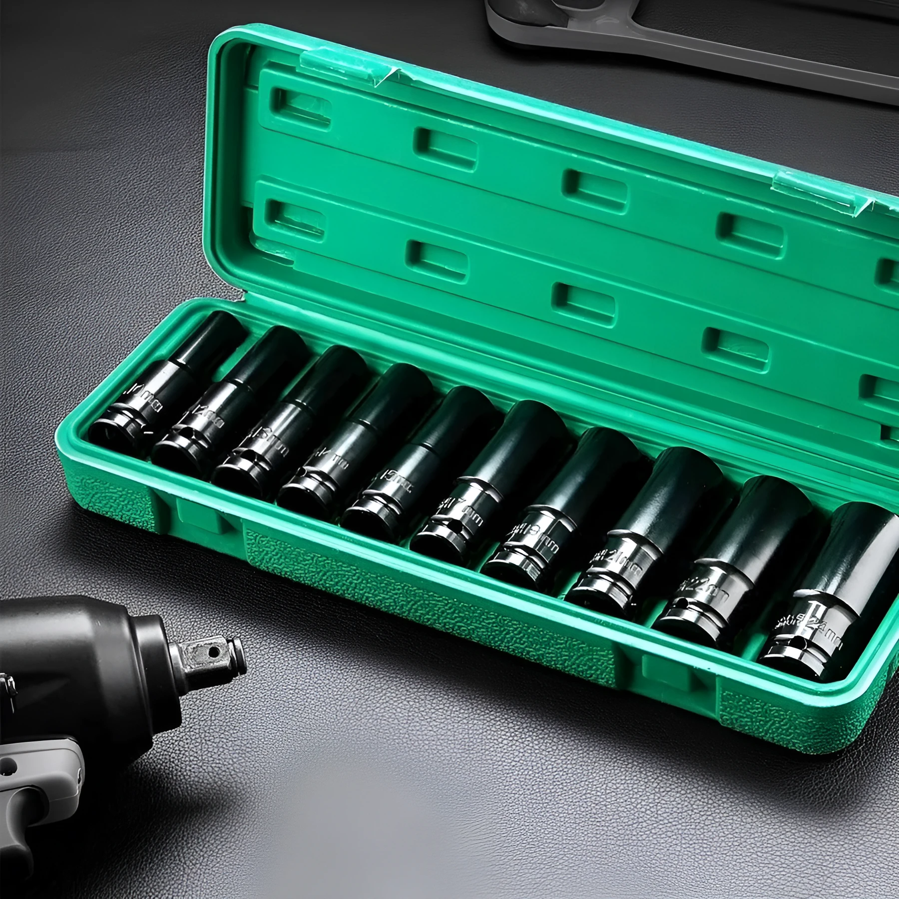 Electric wrench extended socket set with high carbon steel hexagonal sockets, polished chrome, 78mm length, metric 8-32mm