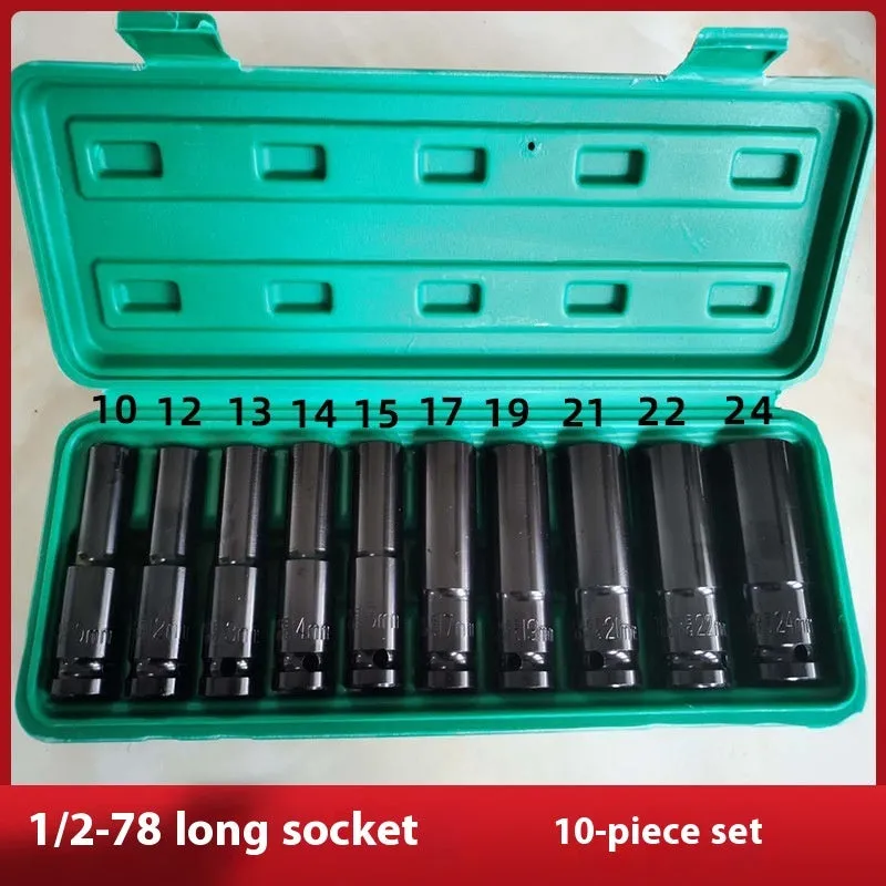 Electric wrench extended socket set with high carbon steel hexagonal sockets, polished chrome, 78mm length, metric 8-32mm