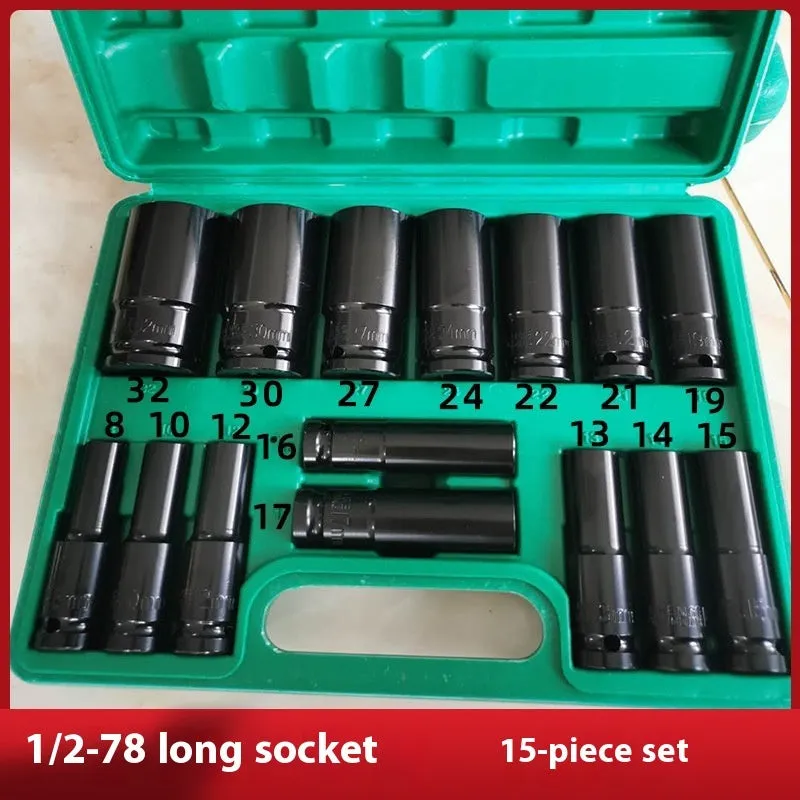 Electric wrench extended socket set with high carbon steel hexagonal sockets, polished chrome, 78mm length, metric 8-32mm