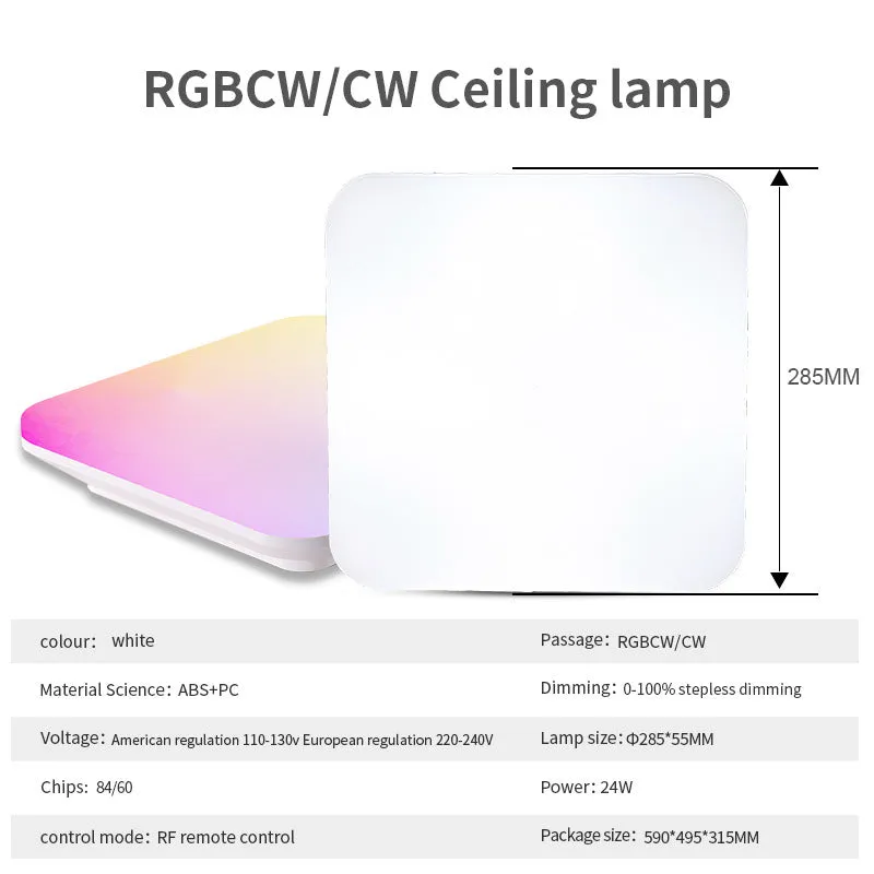Square RGBCW full colour ceiling light with remote control, 24W, modern style on white background