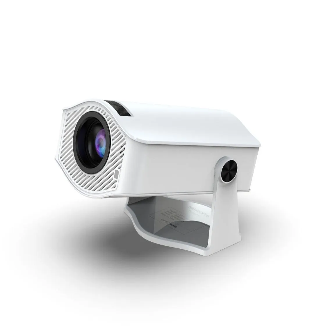 White HM400pro barrel portable projector on a table with 720p resolution and 200 ANSI brightness