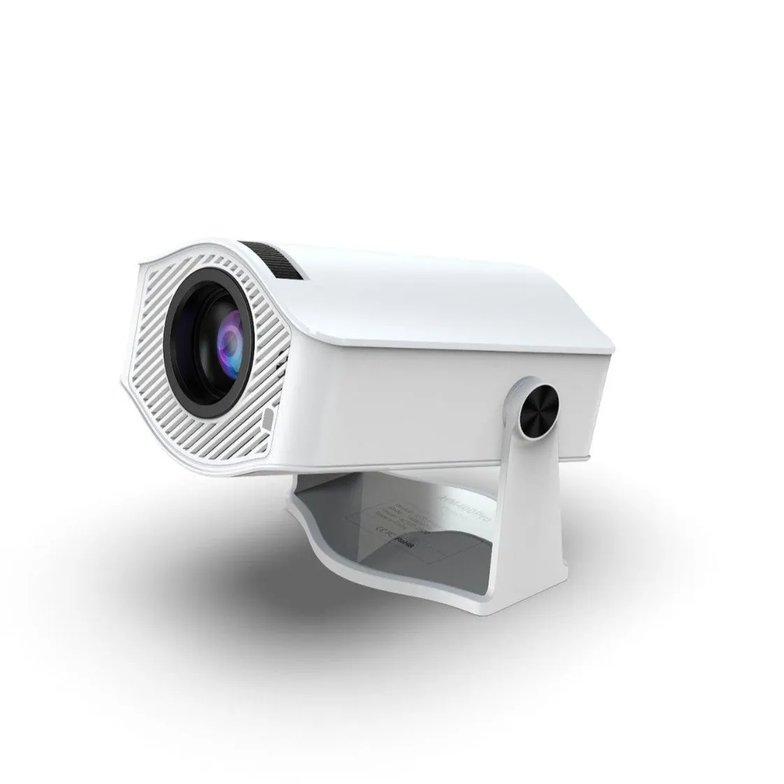 White HM400pro barrel portable projector on a table with 720p resolution and 200 ANSI brightness