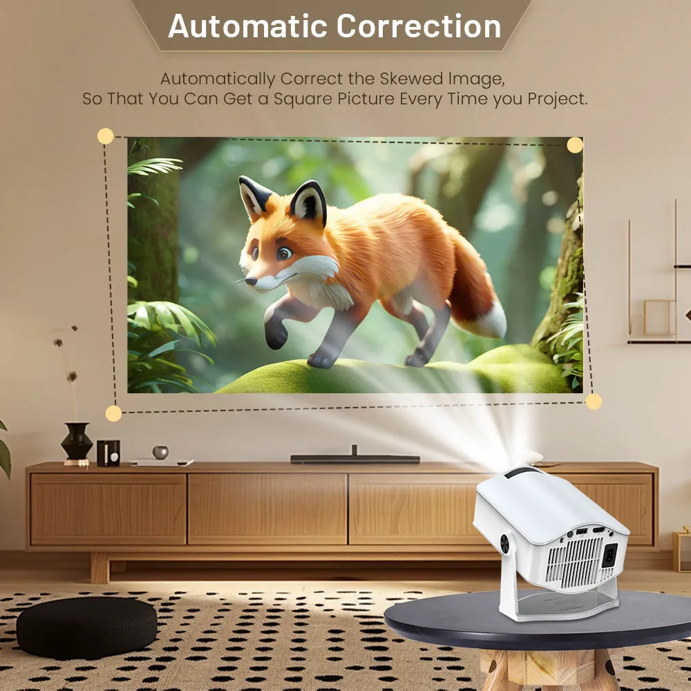 White HM400pro barrel portable projector on a table with 720p resolution and 200 ANSI brightness