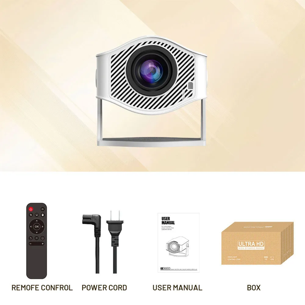 White HM400pro barrel portable projector on a table with 720p resolution and 200 ANSI brightness