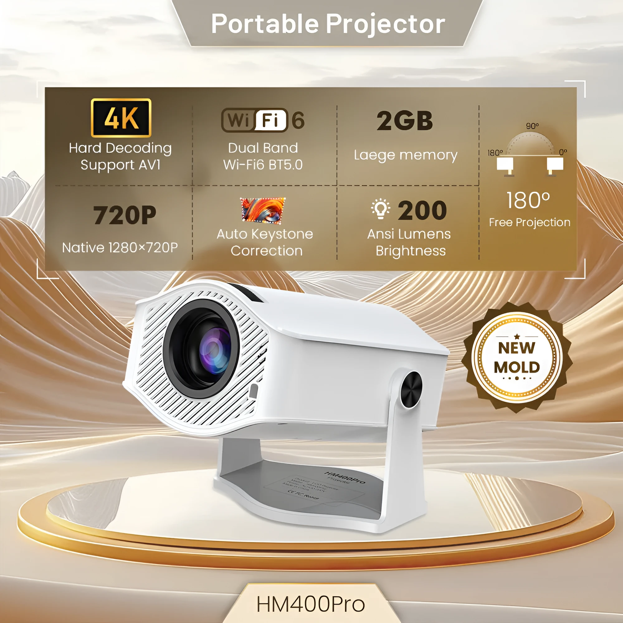 White HM400pro barrel portable projector on a table with 720p resolution and 200 ANSI brightness