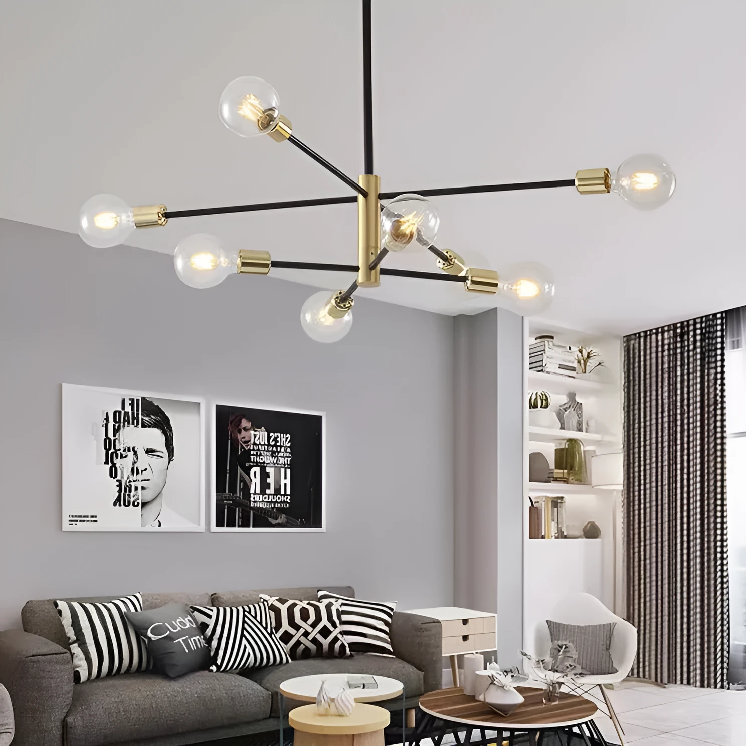 Nordic modern minimalist chandelier 65cm golden finish 6 heads ceiling light for study living room