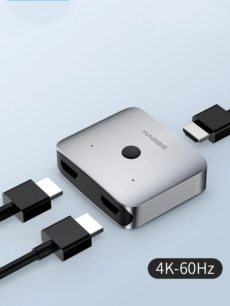 Grey HDMI one to two splitter switcher device for 4K video distribution to computer TV monitor displays