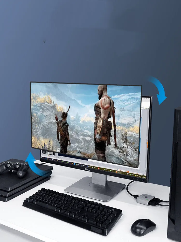Grey HDMI one to two splitter switcher device for 4K video distribution to computer TV monitor displays