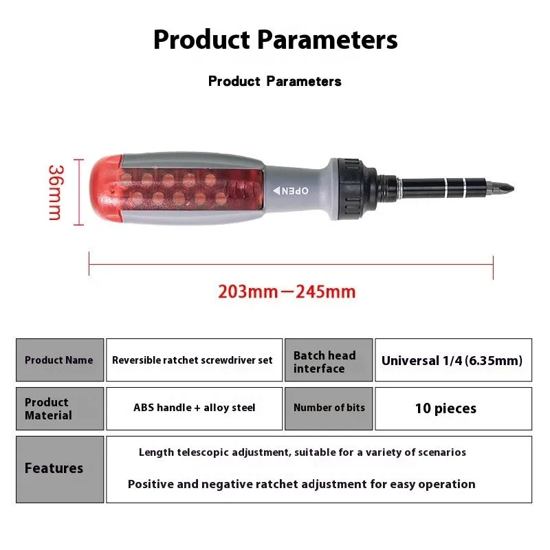 Ratchet two-way retractable screw bits set shaped screwdriver with magnetic tip and ABS handle