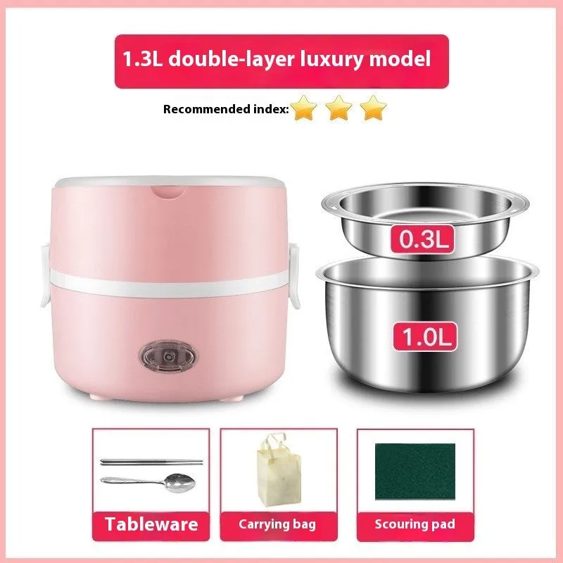 Double layer pink portable plug-in insulated lunch box with stainless steel inner liner
