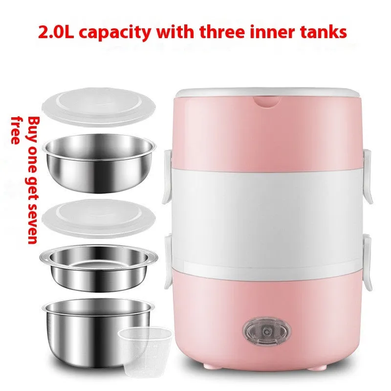 Double layer pink portable plug-in insulated lunch box with stainless steel inner liner