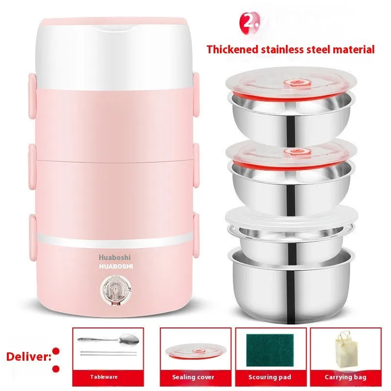Double layer pink portable plug-in insulated lunch box with stainless steel inner liner