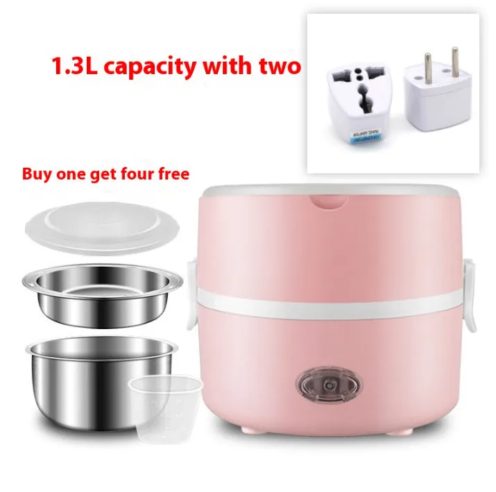 Double layer pink portable plug-in insulated lunch box with stainless steel inner liner