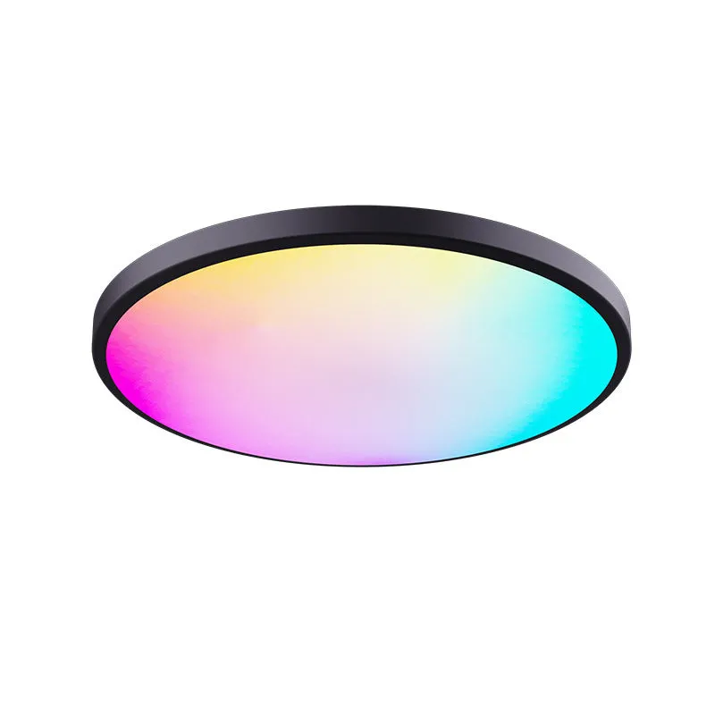 Black and white versions of a round, modern RGBCW Bluetooth smart ceiling light with app and remote control.