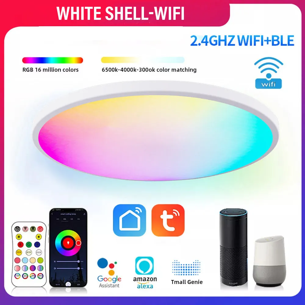 Black and white versions of a round, modern RGBCW Bluetooth smart ceiling light with app and remote control.