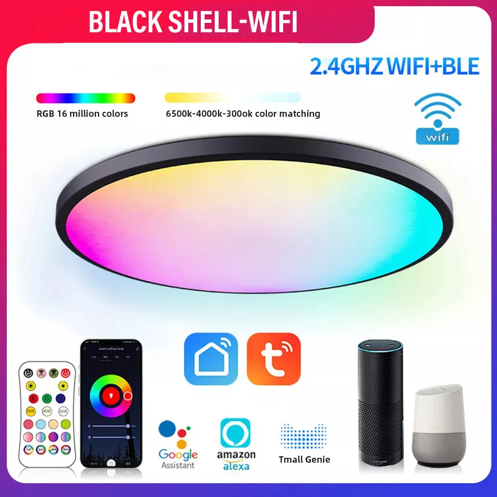 Black and white versions of a round, modern RGBCW Bluetooth smart ceiling light with app and remote control.