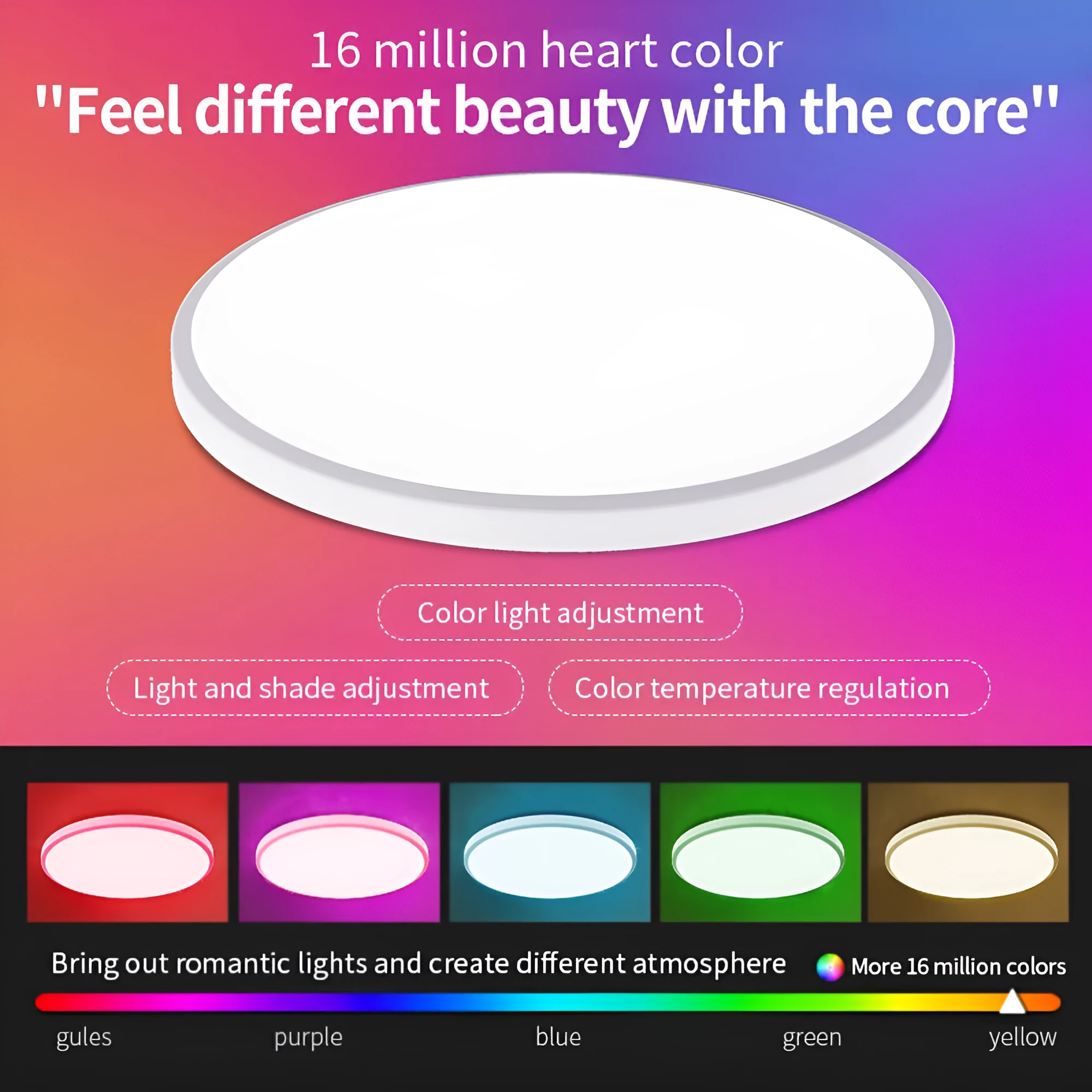 Black and white versions of a round, modern RGBCW Bluetooth smart ceiling light with app and remote control.