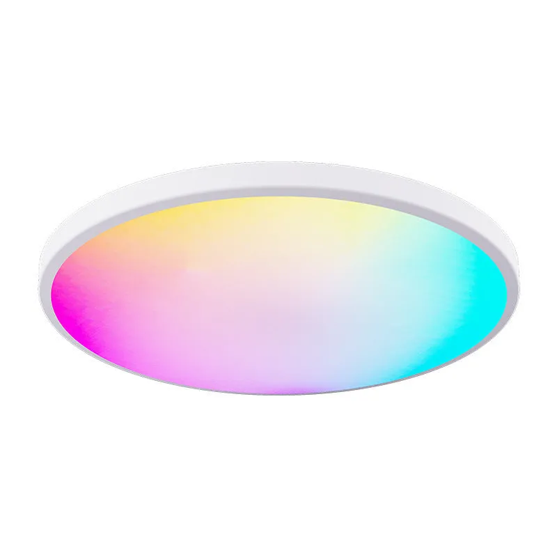 Black and white versions of a round, modern RGBCW Bluetooth smart ceiling light with app and remote control.