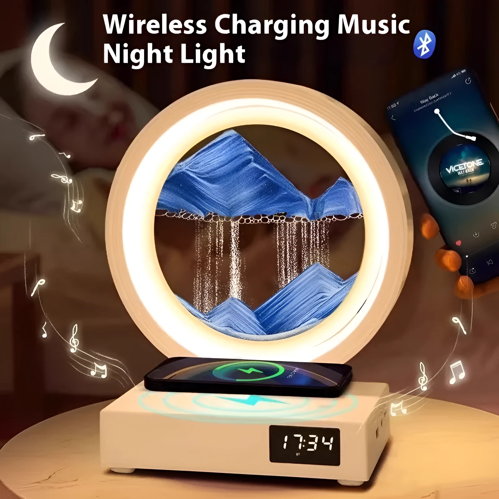 Quicksand painting clock with LED light, wireless charger, and speaker in a white frame
