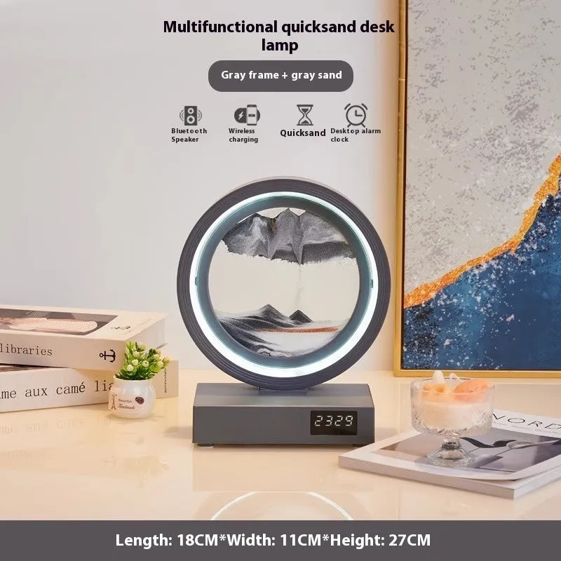 Quicksand painting clock with LED light, wireless charger, and speaker in a white frame