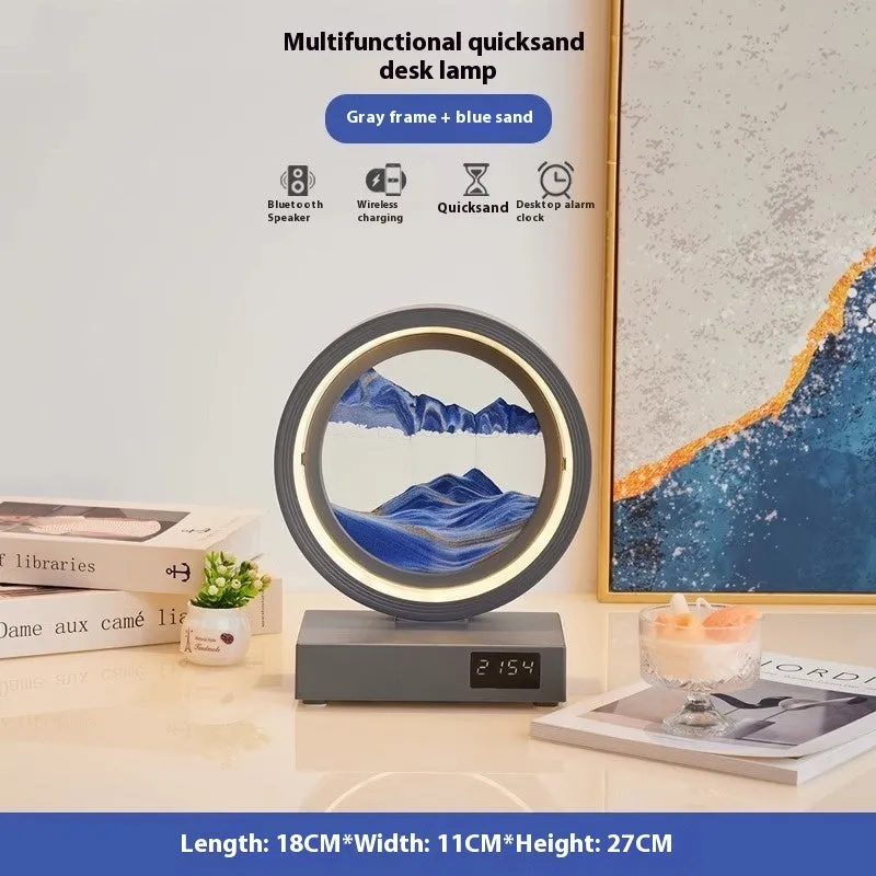 Quicksand painting clock with LED light, wireless charger, and speaker in a white frame